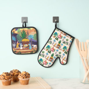 Nativity Scene Hand drawn Christmas Oven Mitt & Pot Holder Set
