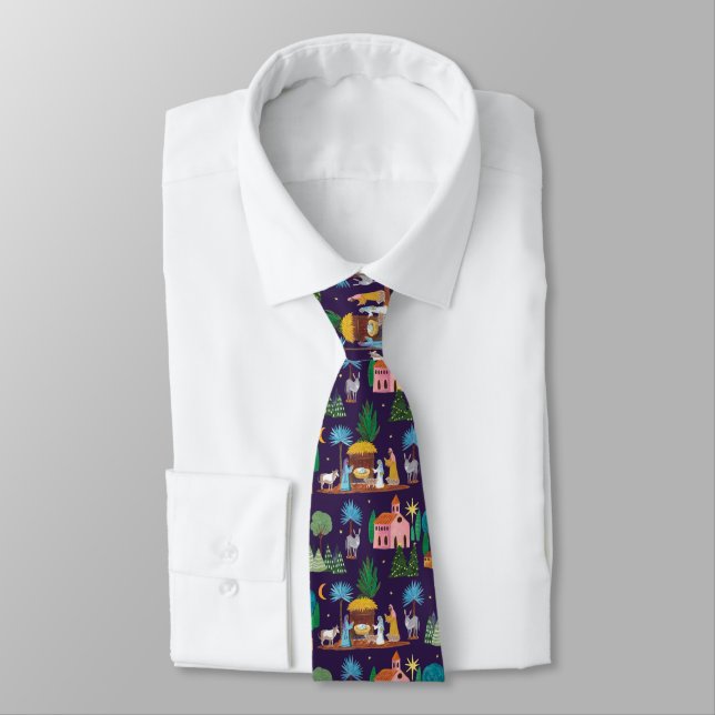 Nativity Scene Hand drawn Christmas Tie (Tied)