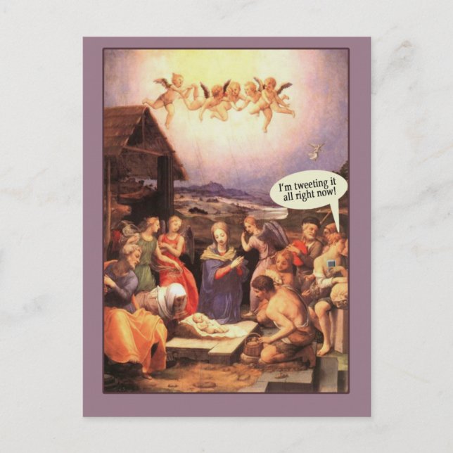 Nativity Scene Humourous Cards Tweeting it Now (Front)