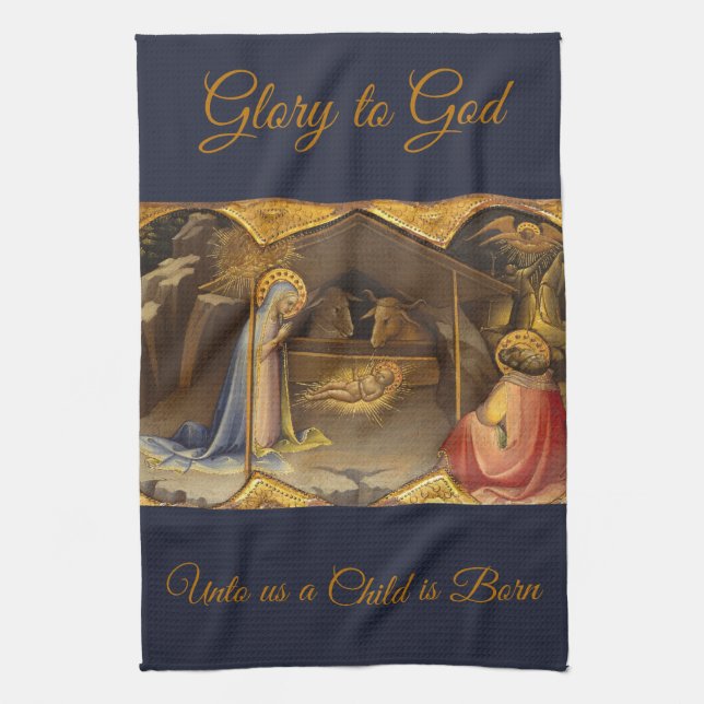 Nativity Scene in Gold Glory to God Tea Towel (Vertical)