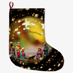 Nativity Scene Jesus in Crib Starry Christmas Large Christmas Stocking