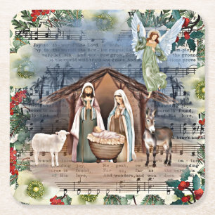 Nativity Scene, Joy to the World, Square Paper Coaster