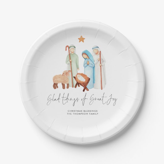 Nativity Scene Name Glad Tidings Of Great Joy Paper Plate (Front)