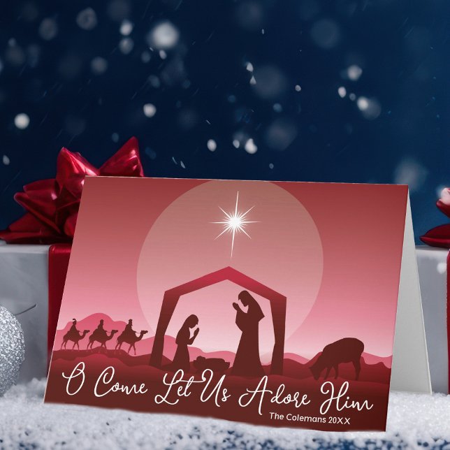 Nativity Scene O Come Let Us Adore Him Christmas Holiday Card (Creator Uploaded)