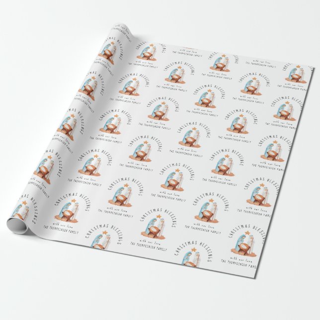 Nativity Scene Pattern Name Christmas Blessings Wrapping Paper (Unrolled)