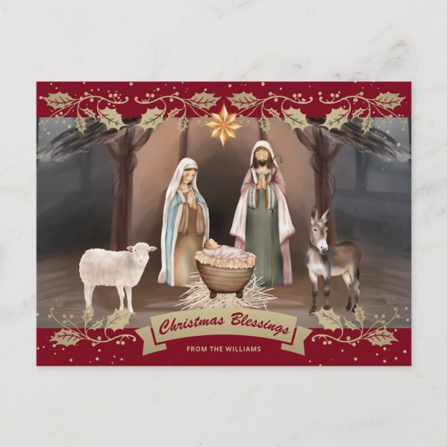 Nativity Scene Red Christian Christmas Holiday Postcard (Front)