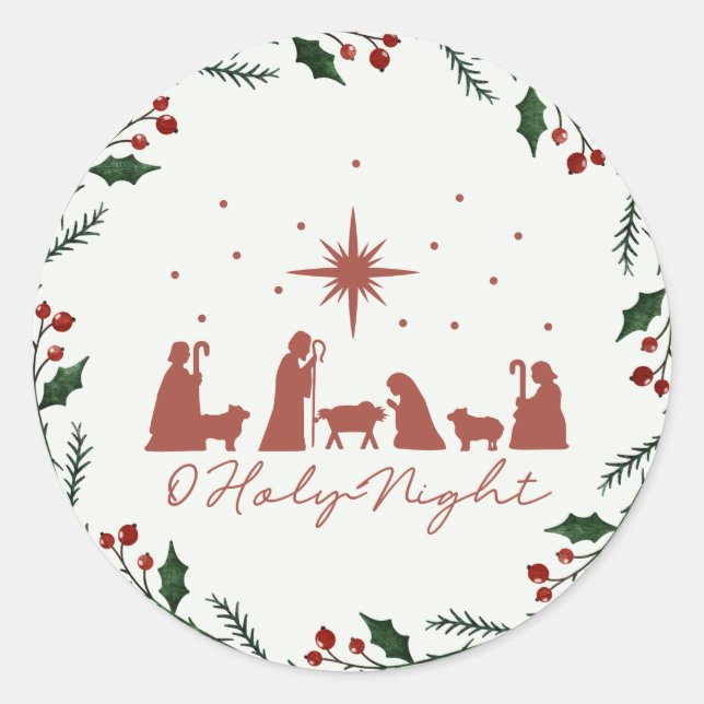 Nativity Scene Round Christmas Sticker (Front)