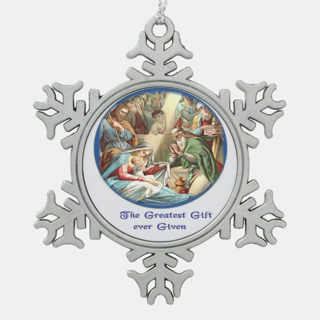 Nativity Scene Snowflake Pewter Christmas Ornament (Front)