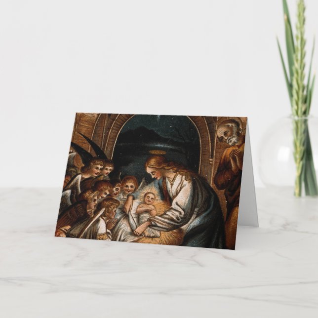 Nativity Scene Virgin Mary Baby Jesus Angels Crib Holiday Card (Front)
