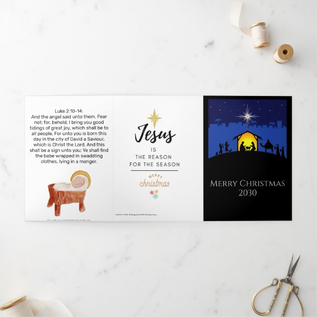 Nativity Scene White Star Church Christmas Tri-Fold Holiday Card (Outside)