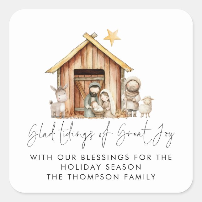 Nativity Stable Scene Tidings Great Joy Square Sticker (Front)