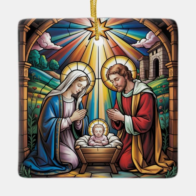 Nativity Stained Glass Art – Holy Family Christmas Ceramic Ornament (Front)