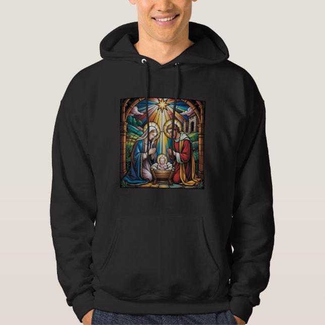 Nativity Stained Glass Art – Holy Family Christmas Hoodie (Front)