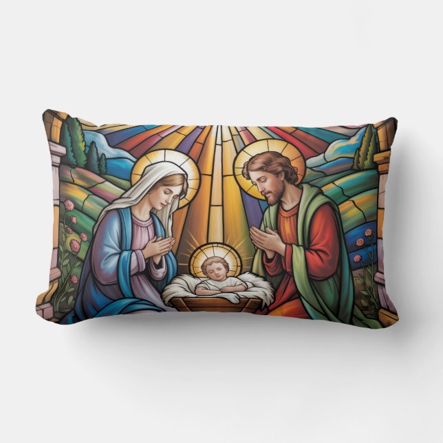 Nativity Stained Glass Art – Holy Family Christmas Lumbar Cushion (Front)