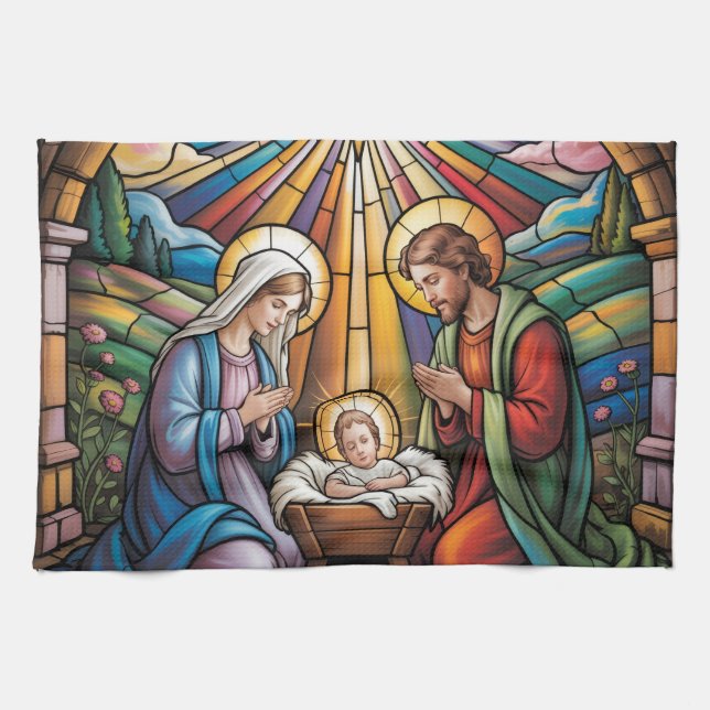 Nativity Stained Glass Art – Holy Family Christmas Tea Towel (Horizontal)