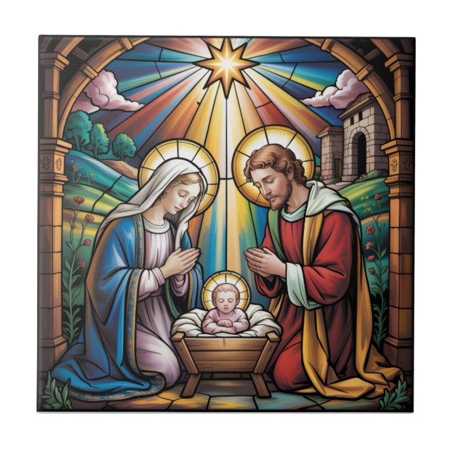 Nativity Stained Glass Art – Holy Family Christmas Tile (Front)