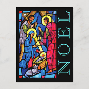 Nativity Stained Glass NOEL with Lamb and Shepherd Holiday Postcard