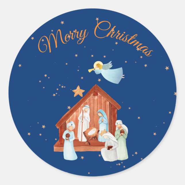 Nativity & Stars  Classic Round Sticker (Front)