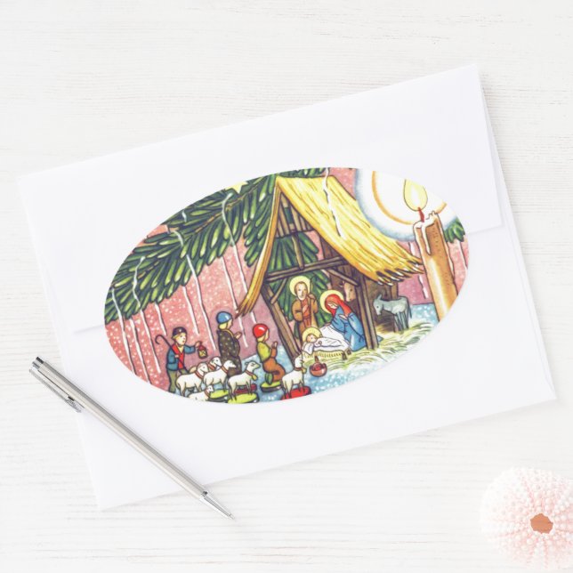 Nativity Under the Christmas Tree Oval Sticker (Envelope)