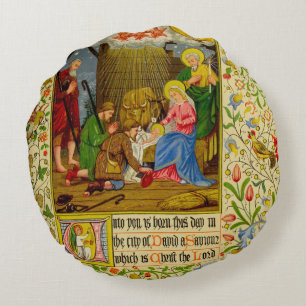 Nativity Unto you is born this day Round Cushion