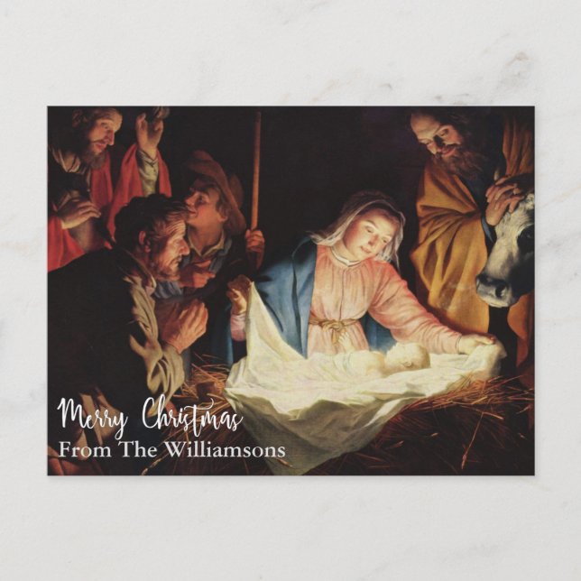 Nativity Vintage Fine Art Personalized Christmas Postcard (Front)