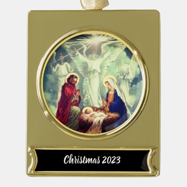 Nativity with angels Christmas 2023 Gold Plated Banner Ornament (Front)