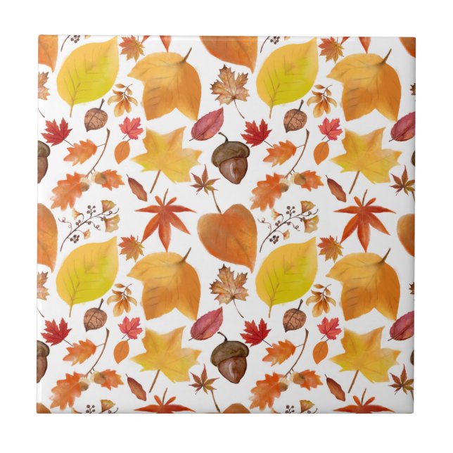 Natural Autumn Earth Tones Leaves and Acorns Tile (Front)