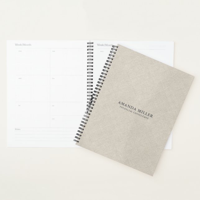 Natural Beige Linen Texture With Grey Typography Planner (Display)