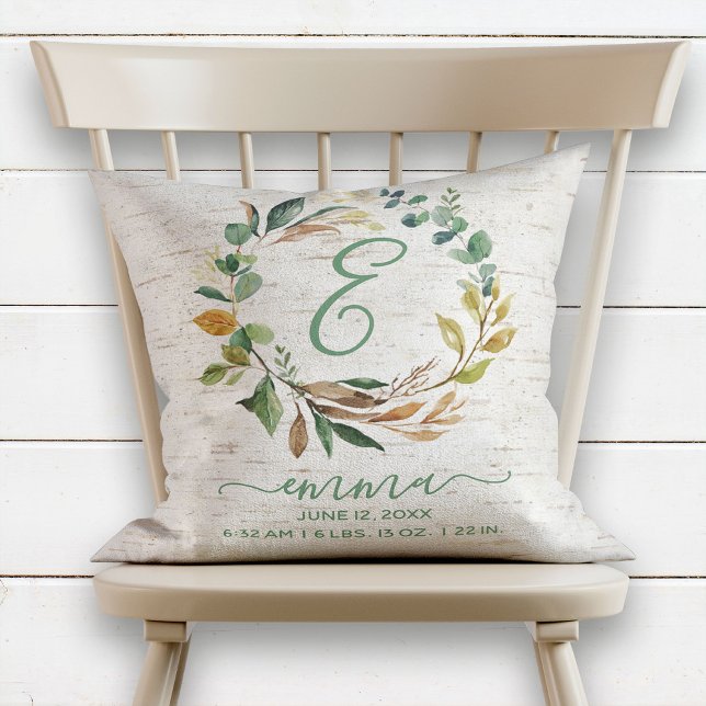 Natural Birch Greenery Wreath Baby Birth Stats Cushion (Creator Uploaded)