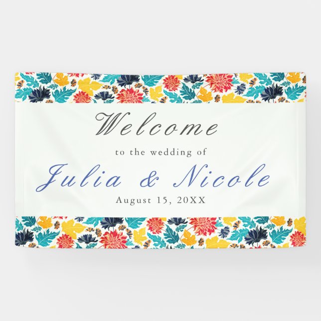 Natural Blue Yellow Watercolor Sunflowers Wedding Banner (Horizontal)