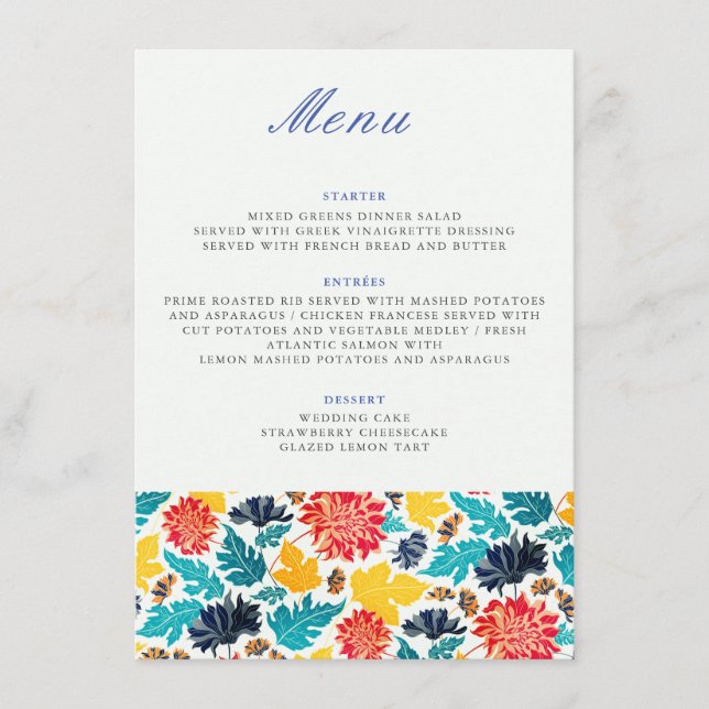 Natural Blue Yellow Watercolor Sunflowers Wedding Menu (Front)