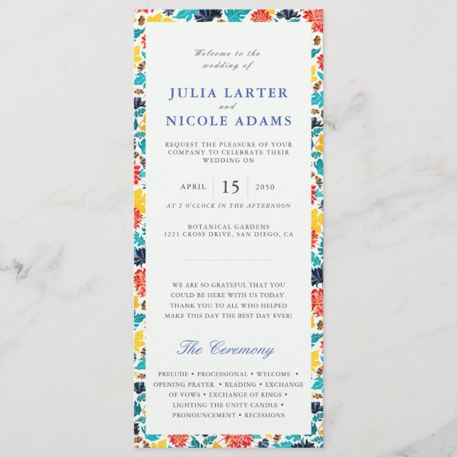 Natural Blue Yellow Watercolor Sunflowers Wedding Programme (Front)