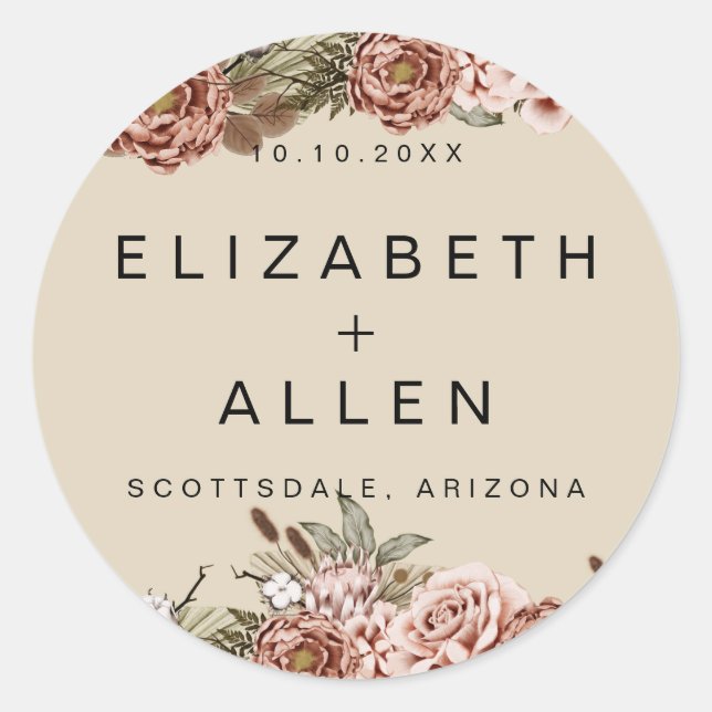 Natural Boho Floral Personalised Bride and Groom Classic Round Sticker (Front)