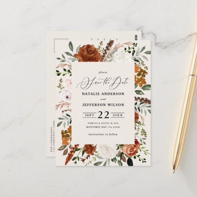 natural botanical rustic elegant modern wedding  postcard (Front/Back In Situ)