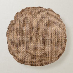 Natural Brown Burlap Canvas Coarse Grunge Backgrou Round Cushion