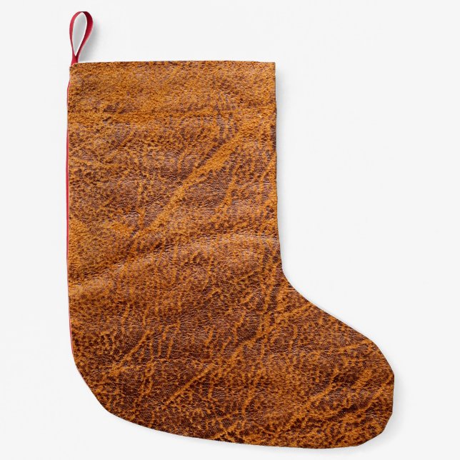 Natural brown leather texturetexture, leather, ski small christmas stocking (Front)