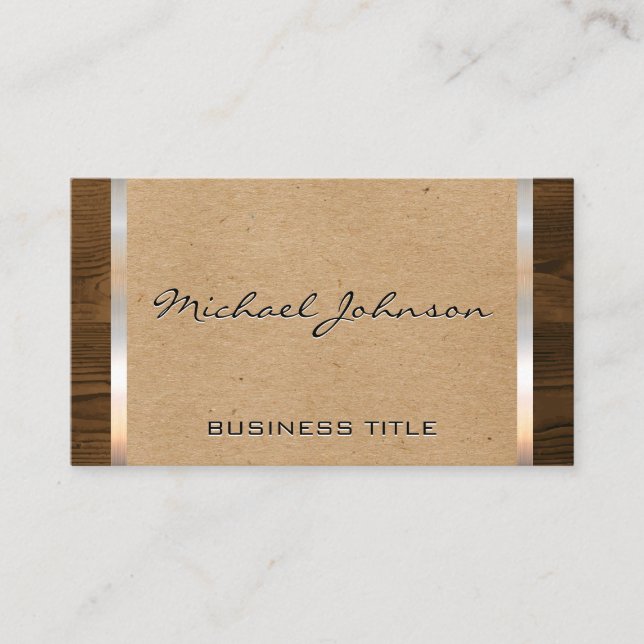 Natural  Brown | Metal Shiny Trim Wood Grain Business Card (Front)