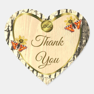 Natural Brown Wood Grain Tree Bark Thank You Logo Heart Sticker