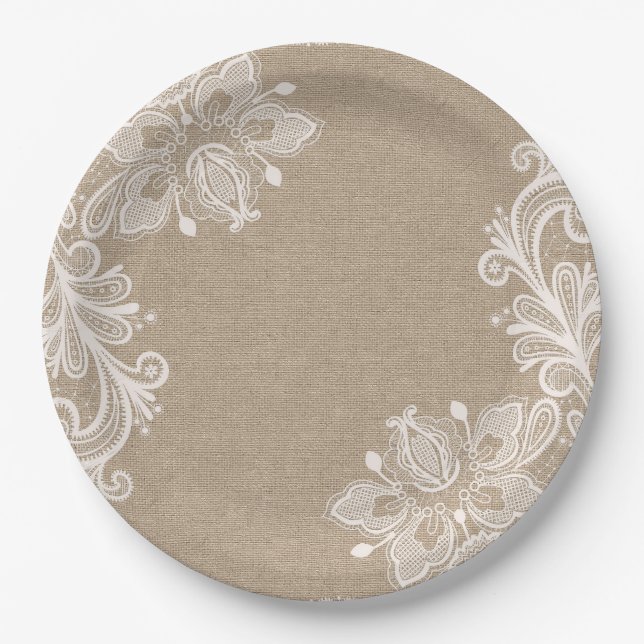 Natural Burlap and Lace Floral Paper Plate (Front)