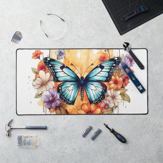 Natural Butterfly Floral Blossom Haven Watercolor Desk Mat (Workstation)