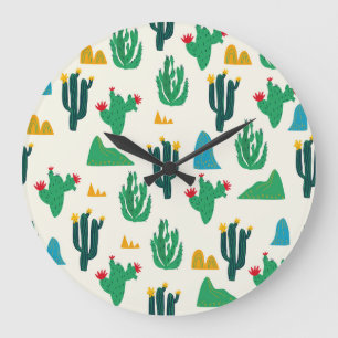 Natural Cactus: Folk Art Seamless. Large Clock