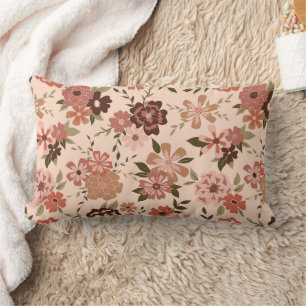 Natural Floral Peach Green Pattern Vines Flowering Lumbar Cushion
