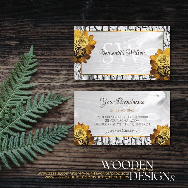Natural Floral White Wood Grain Tree Bark Initials Business Card (Creator Uploaded)