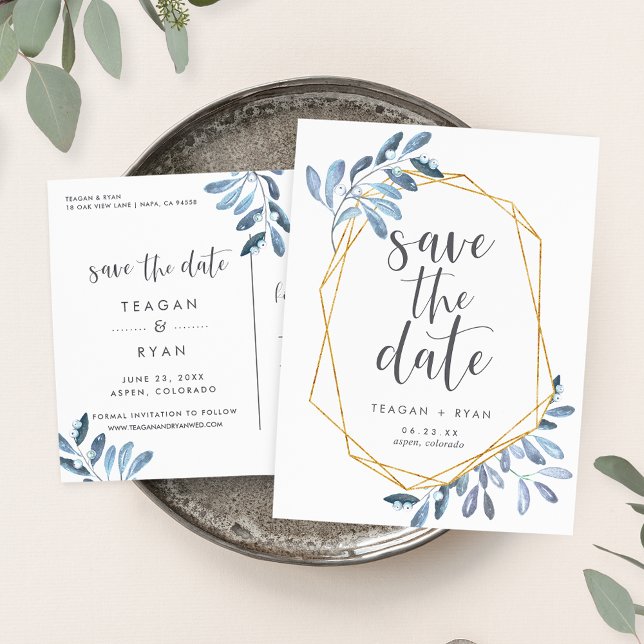 Natural Foliage | Blue Watercolor Save the Date Announcement Postcard (Creator Uploaded)