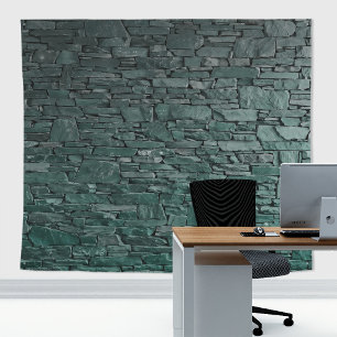 Natural Forest Green Stone Slates Brick Wall Tapestry