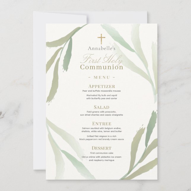 Natural Green Foliages First Holy Communion Menu Invitation (Front)