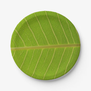 Natural Green Leaf and Light Yellow Line Design Paper Plate