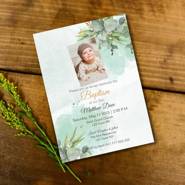 Natural Green Leaves Baptism Invitation (Natural Green Leaves Baptism Invite)