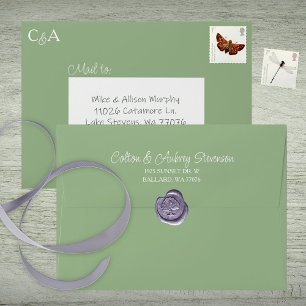 Natural Green, Pre-addressed Monogram Wedding Envelope