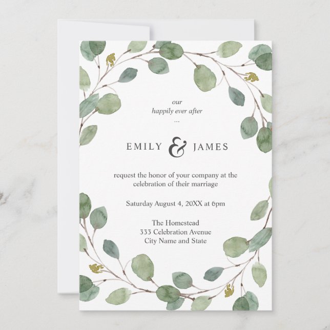 Natural Greenery Watercolor Eucalyptus Wedding Invitation (Front)